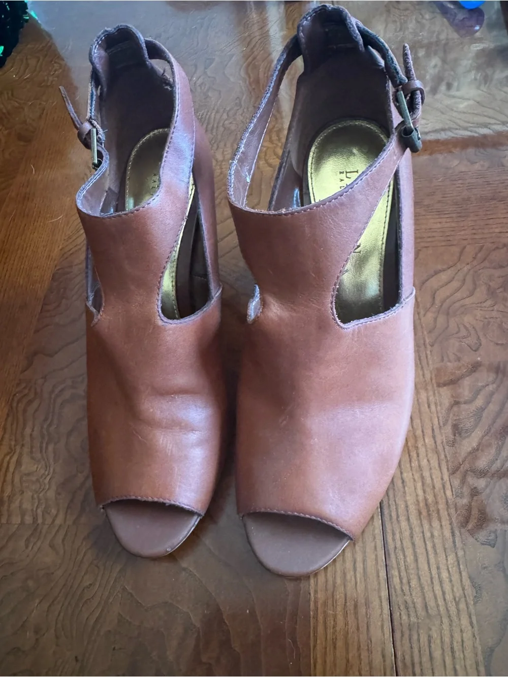 Ralph Lauren Cognac Cutout Wedge Peep Toe Sandals with Ankle Buckle